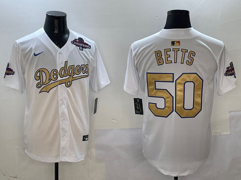 Men Los Angeles Dodgers #50 Betts White Champion gold character 2025 Nike MLB Jersey style 7->los angeles dodgers->MLB Jersey